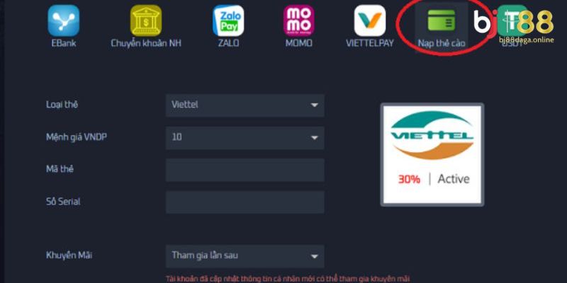 Nạp tiền BJ88 qua thẻ cào điện thoại